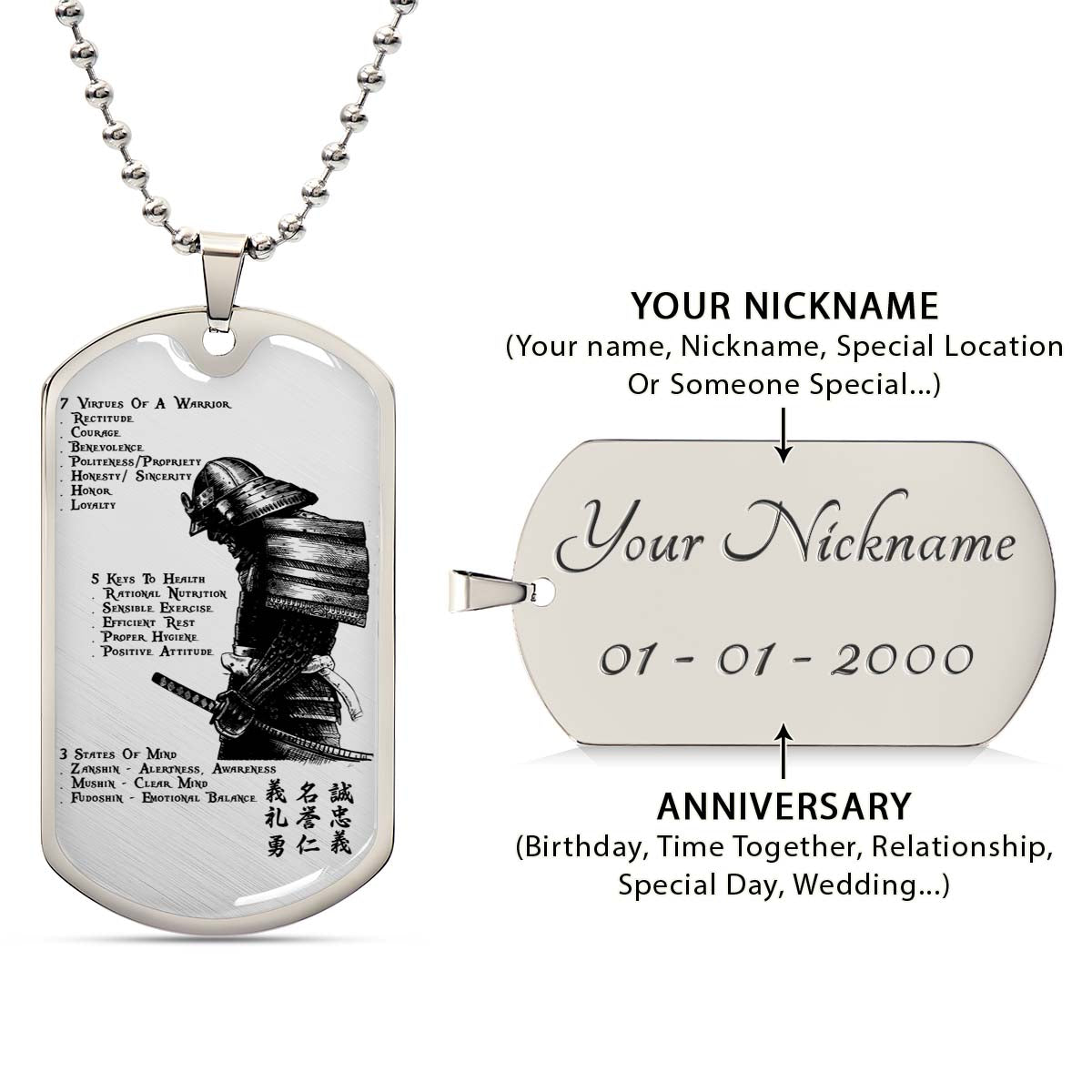 Samurai - SADL001 - 7 5 3 CODE - Bushido - Katana - Ronin - Miyamoto Musashi - Samurai Dog Tag - Military Ball Chain - Luxury Dog Tag