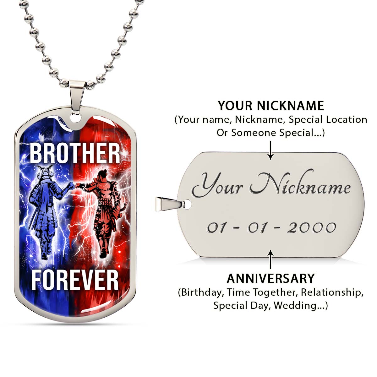Samurai - SADL002 - Brother Forever - Bushido - Katana - Ronin - Miyamoto Musashi - Samurai Dog Tag - Military Ball Chain - Luxury Dog Tag