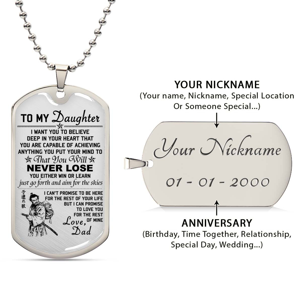 Samurai - SADL007 - Dad To Daughter - Never Lose - Bushido - Katana - Ronin - Miyamoto Musashi - Samurai Dog Tag - Military Ball Chain - Luxury Dog Tag