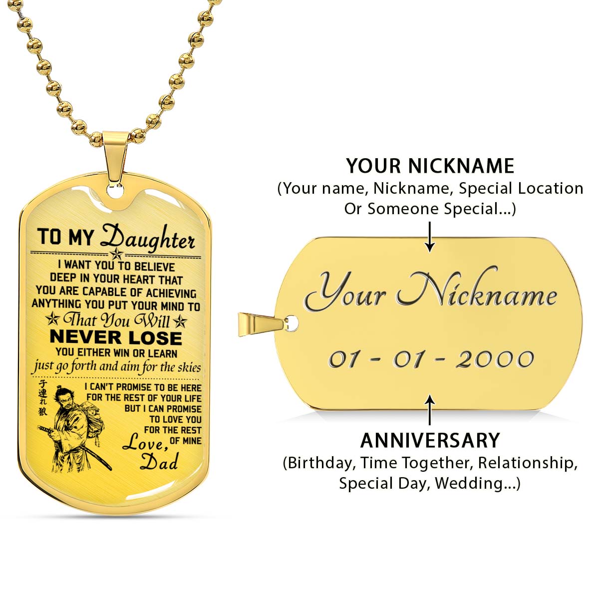 Samurai - SADL007 - Dad To Daughter - Never Lose - Bushido - Katana - Ronin - Miyamoto Musashi - Samurai Dog Tag - Military Ball Chain - Luxury Dog Tag