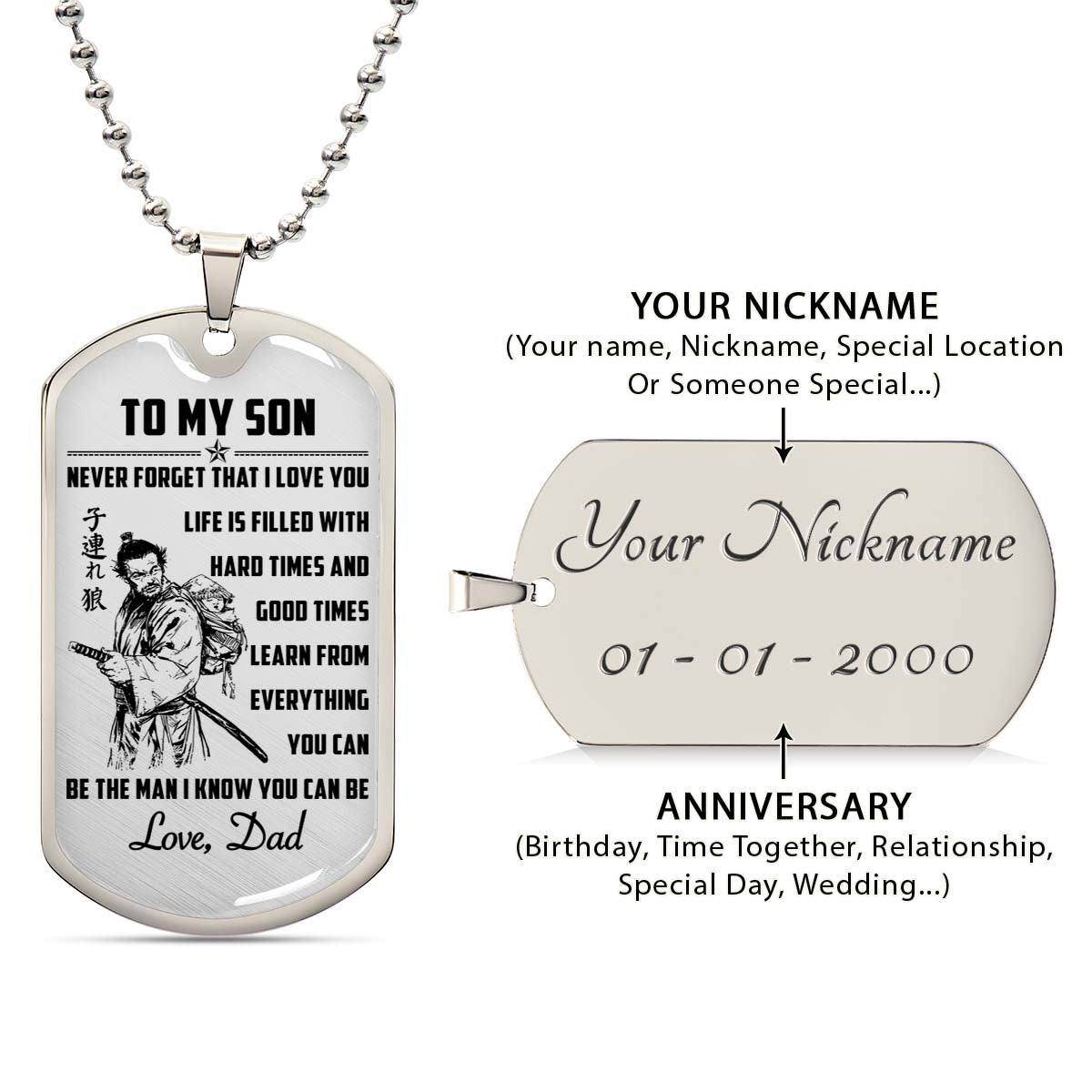 Samurai - SADL008 - Dad To Son - Never Forget That I Love You - Bushido - Katana - Ronin - Miyamoto Musashi - Samurai Dog Tag - Military Ball Chain - Luxury Dog Tag