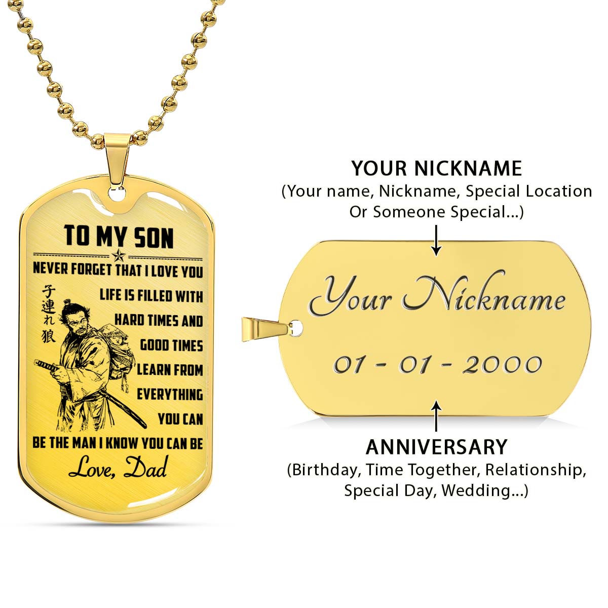 Samurai - SADL008 - Dad To Son - Never Forget That I Love You - Bushido - Katana - Ronin - Miyamoto Musashi - Samurai Dog Tag - Military Ball Chain - Luxury Dog Tag