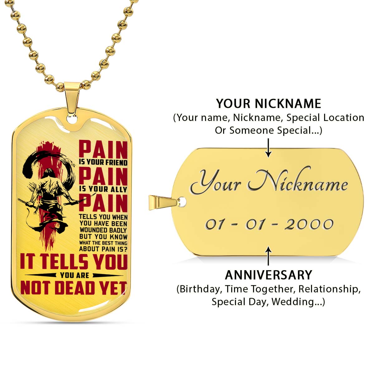 Samurai - SADL012 - PAIN - You Are Not Dead Yet - Bushido - Katana - Ronin - Miyamoto Musashi - Samurai Dog Tag - Military Ball Chain - Luxury Dog Tag