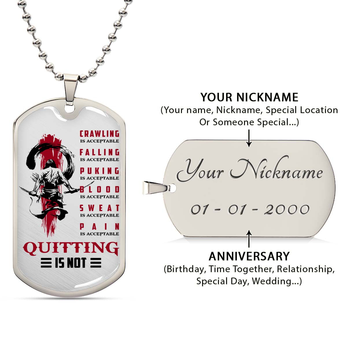 Samurai - SADL013 - Quitting Is Not - Bushido - Katana - Ronin - Miyamoto Musashi - Samurai Dog Tag - Military Ball Chain - Luxury Dog Tag
