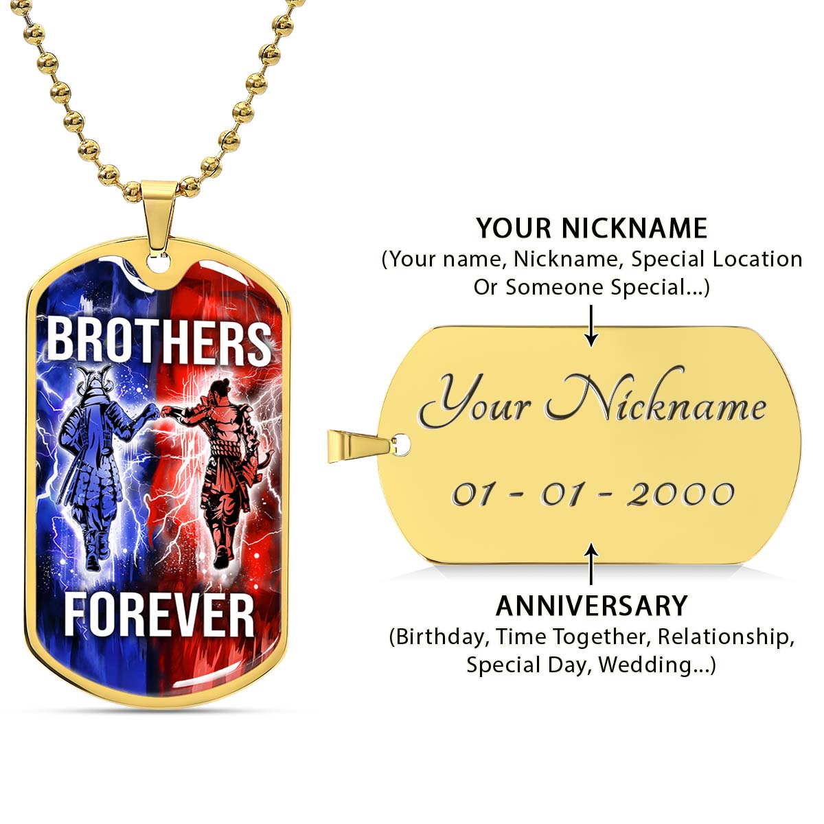 Samurai - SADL015 - Brothers Forever - Bushido - Katana - Ronin - Miyamoto Musashi - Samurai Dog Tag - Military Ball Chain - Luxury Dog Tag