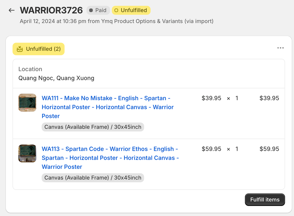 Order WARRIOR3726 Payment of canvas poster difference fee