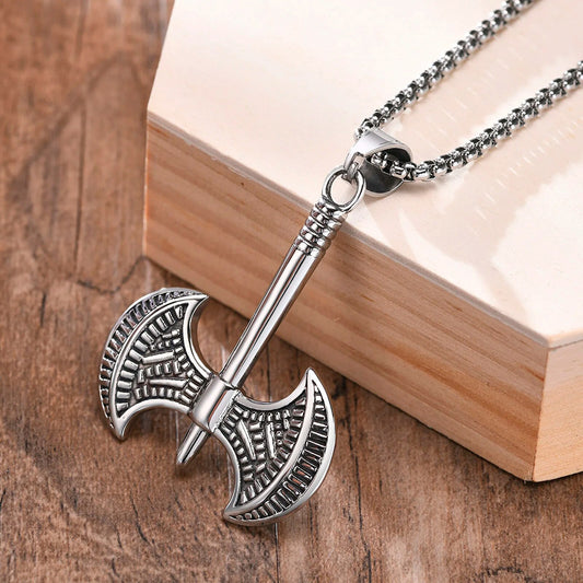Viking - Gothic Viking Men Axe Necklace, Retro Nordic Almut Stainless Steel Pendant, Chunky Punk Boy Neck Collar
