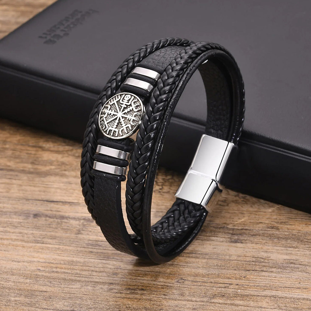 Viking - Norse Viking Bracelets for Men, Black Mens Leather Bracelet Bangle