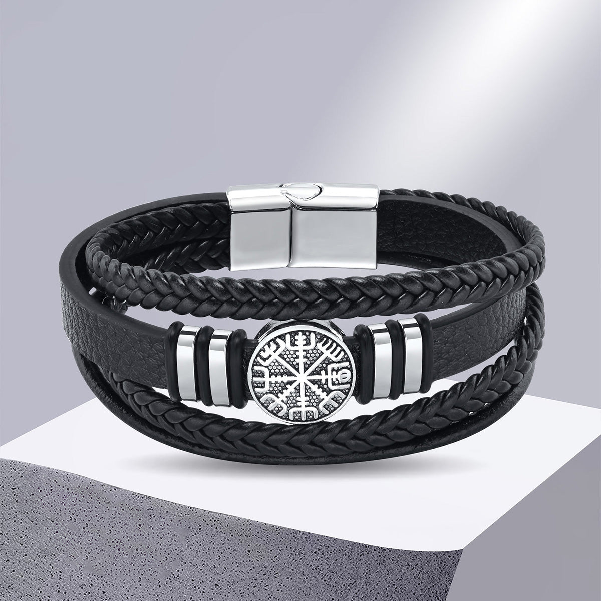Viking - Norse Viking Bracelets for Men, Black Mens Leather Bracelet Bangle