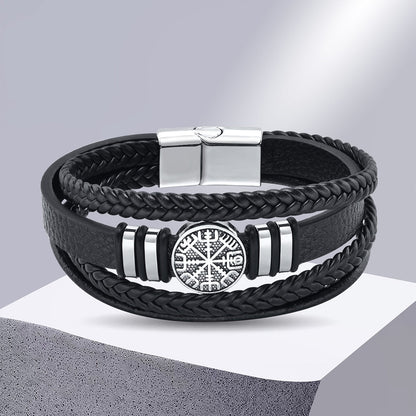 Viking - Norse Viking Bracelets for Men, Black Mens Leather Bracelet Bangle