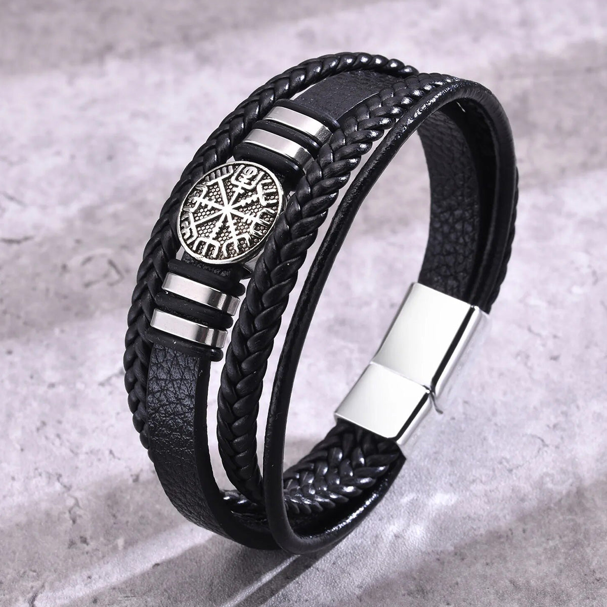Viking - Norse Viking Bracelets for Men, Black Mens Leather Bracelet Bangle
