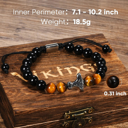 Viking Mjolnir Bracelets for Men Boys, Rock Punk Thor's Hammer Wristband with Tiger Eye Stone Beads, Length Adjustable