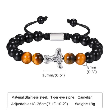 Viking Mjolnir Bracelets for Men Boys, Rock Punk Thor's Hammer Wristband with Tiger Eye Stone Beads, Length Adjustable