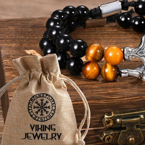 Viking Mjolnir Bracelets for Men Boys, Rock Punk Thor's Hammer Wristband with Tiger Eye Stone Beads, Length Adjustable