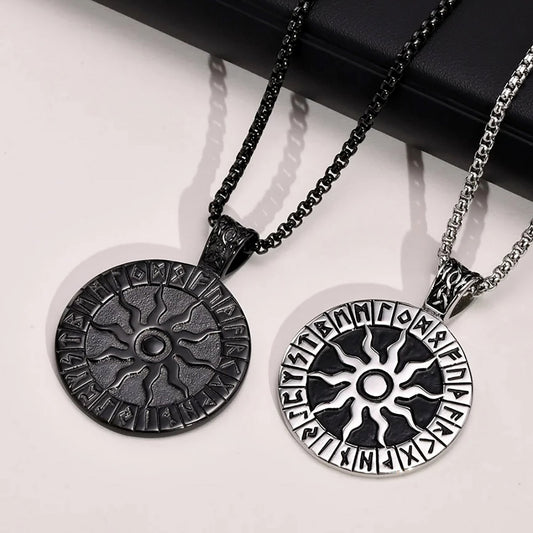 Viking Rune Necklaces for Men, Stainless Steel Carved Sun Nordic Letters Pendant with Box Chain, Protection Amulet Jewelry