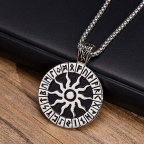 Viking Rune Necklaces for Men, Stainless Steel Carved Sun Nordic Letters Pendant with Box Chain, Protection Amulet Jewelry
