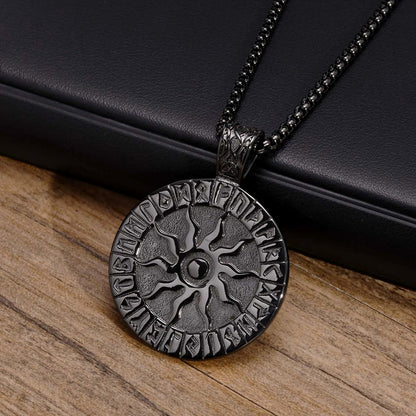 Viking Rune Necklaces for Men, Stainless Steel Carved Sun Nordic Letters Pendant with Box Chain, Protection Amulet Jewelry