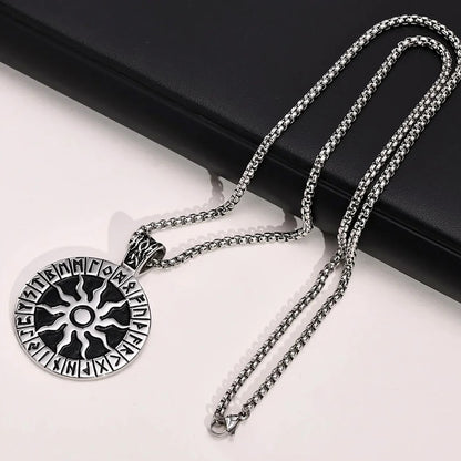 Viking Rune Necklaces for Men, Stainless Steel Carved Sun Nordic Letters Pendant with Box Chain, Protection Amulet Jewelry