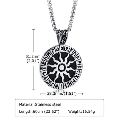 Viking Rune Necklaces for Men, Stainless Steel Carved Sun Nordic Letters Pendant with Box Chain, Protection Amulet Jewelry