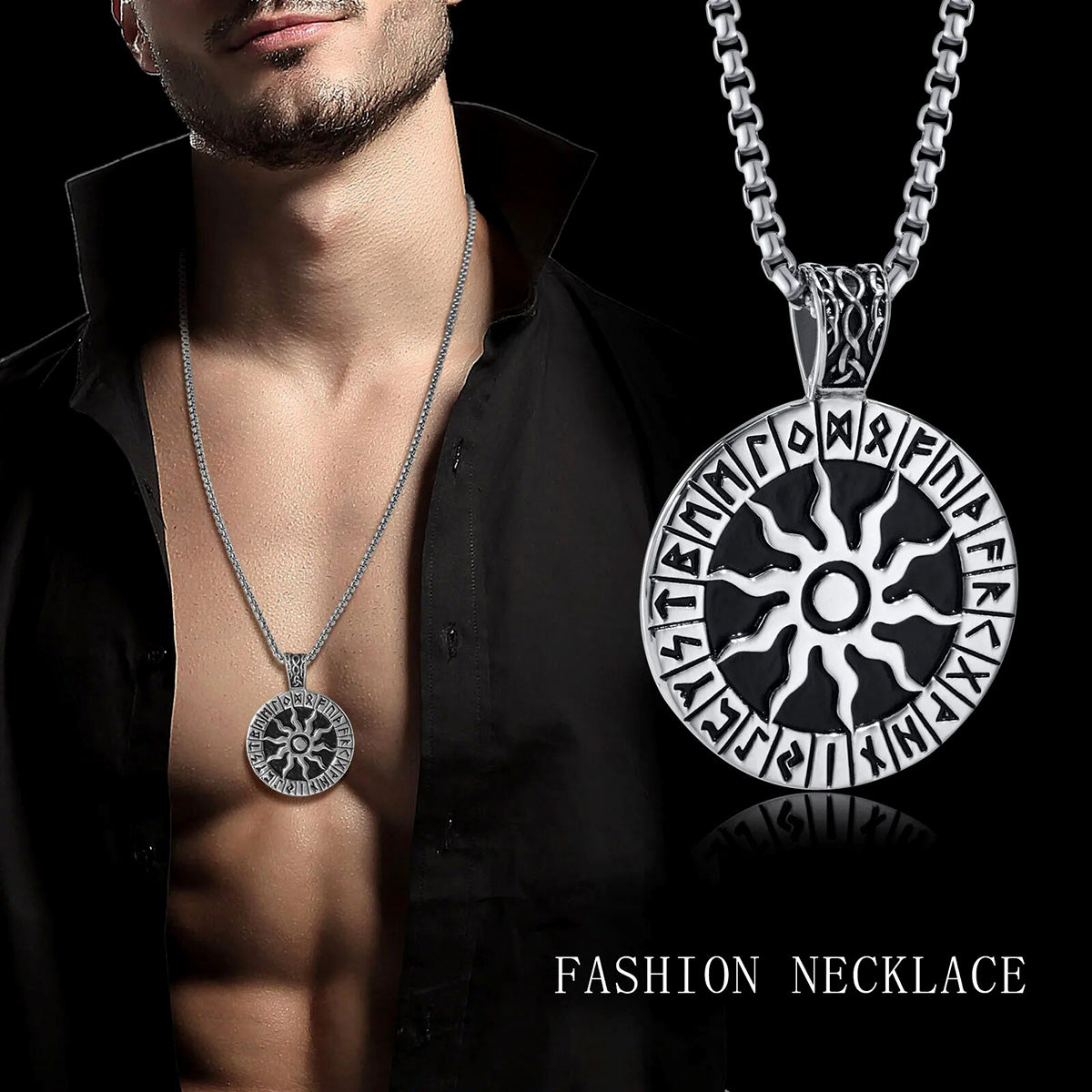 Viking Rune Necklaces for Men, Stainless Steel Carved Sun Nordic Letters Pendant with Box Chain, Protection Amulet Jewelry
