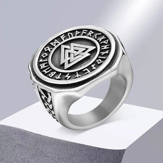 Viking - 23mm Viking Signet Ring for Men, Chunky Bold Stainless Steel Round Top Finger Band, Nordic Viking Knot Rune Almut Jewelry