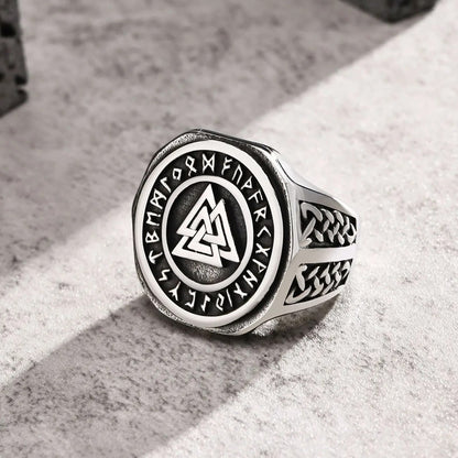 Viking - 23mm Viking Signet Ring for Men, Chunky Bold Stainless Steel Round Top Finger Band, Nordic Viking Knot Rune Almut Jewelry