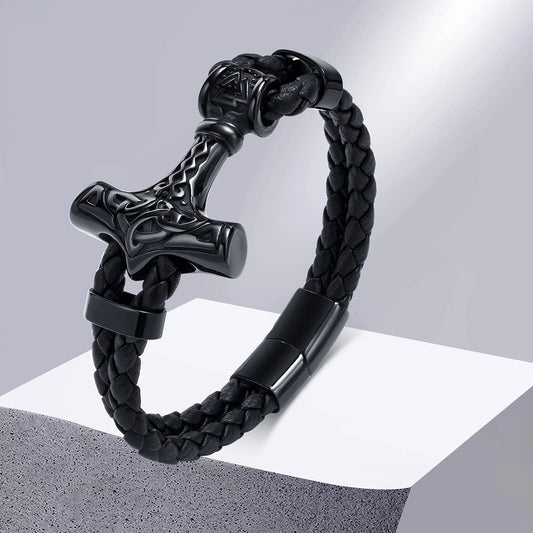 Viking - Chunky Thor's Hammer Bracelets for Men, Heavy Punk Rock Norse Viking Knot Bangle, Black Genuine Leather Wristband