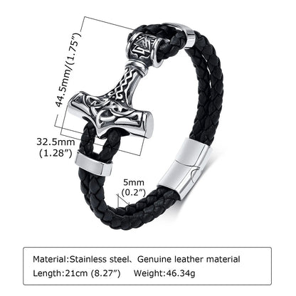 Viking - Chunky Thor's Hammer Bracelets for Men, Heavy Punk Rock Norse Viking Knot Bangle, Black Genuine Leather Wristband