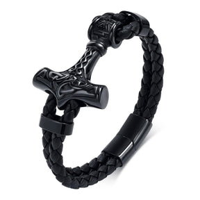 Viking - Chunky Thor's Hammer Bracelets for Men, Heavy Punk Rock Norse Viking Knot Bangle, Black Genuine Leather Wristband