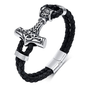 Viking - Chunky Thor's Hammer Bracelets for Men, Heavy Punk Rock Norse Viking Knot Bangle, Black Genuine Leather Wristband