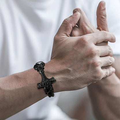 Viking - Chunky Thor's Hammer Bracelets for Men, Heavy Punk Rock Norse Viking Knot Bangle, Black Genuine Leather Wristband