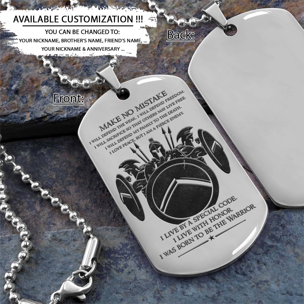 Spartan Dog Tag - Make No Mistake - Spartan Warrior - Sparta - Leonidas - Gladiator - Spartan Necklace - Engrave Dog Tag