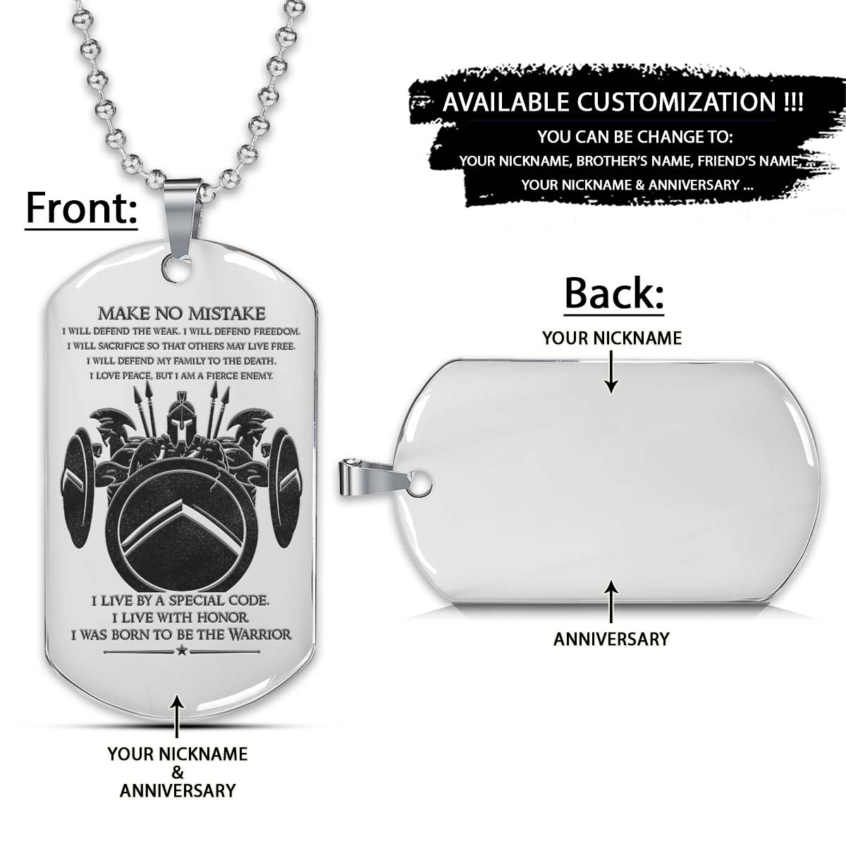 Spartan Dog Tag - Make No Mistake - Spartan Warrior - Sparta - Leonidas - Gladiator - Spartan Necklace - Engrave Dog Tag