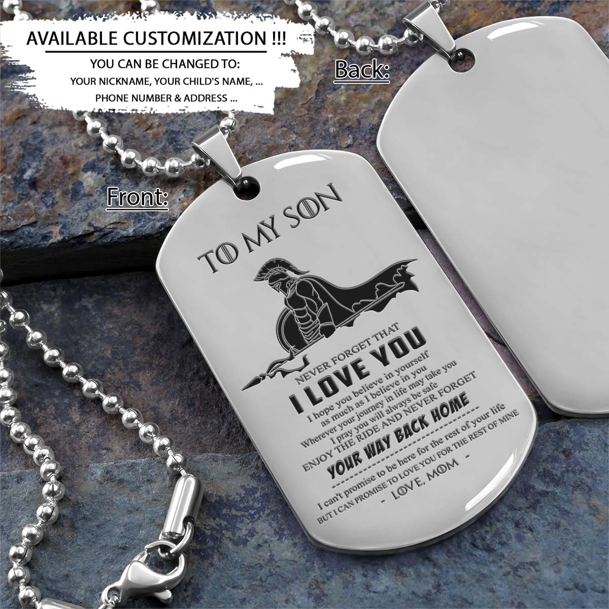 Spartan Dog Tag - Mom To Son - Your Way Back Home - Spartan Warrior - Sparta - Leonidas - Gladiator - Spartan Necklace - Engrave Dog Tag