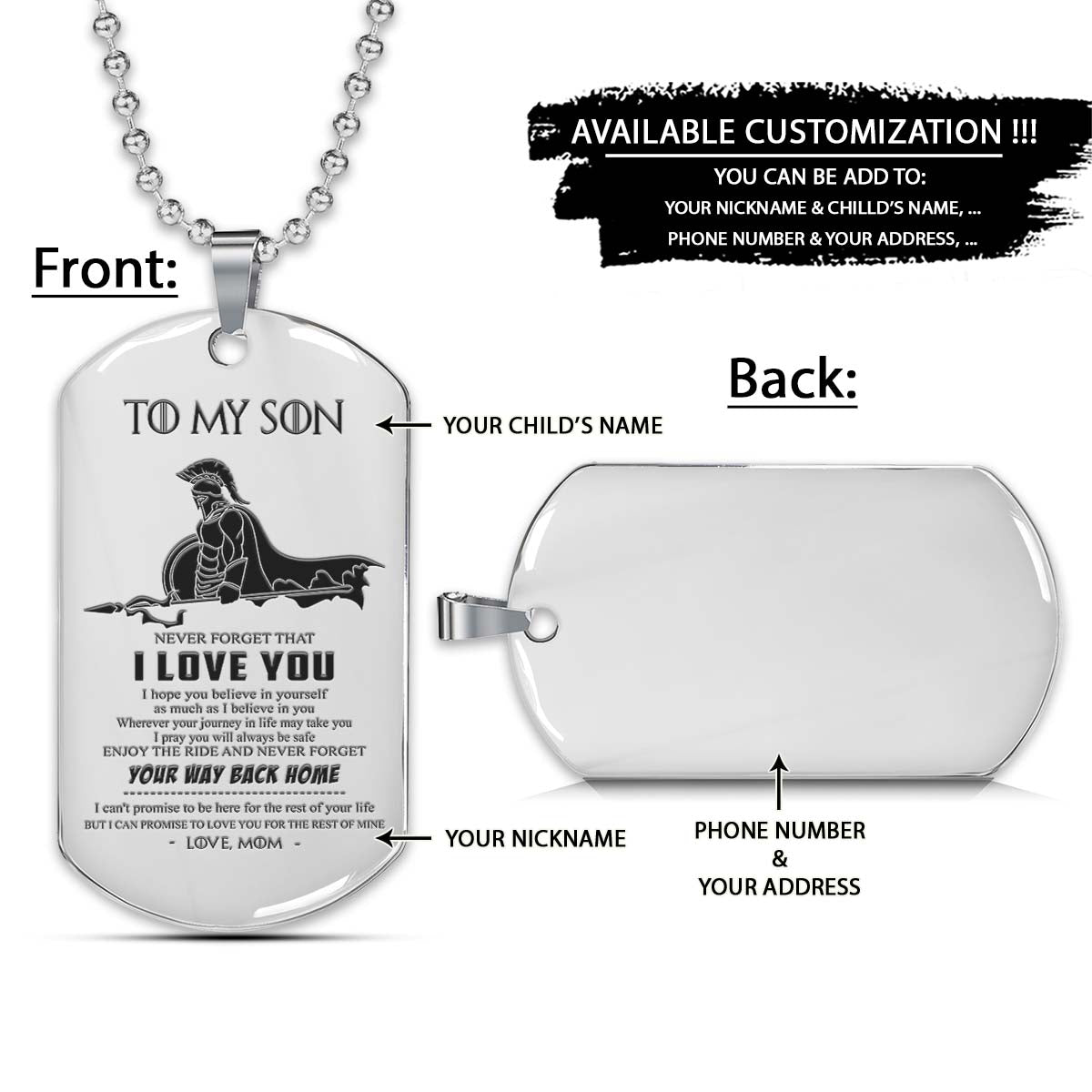 Spartan Dog Tag - Mom To Son - Your Way Back Home - Spartan Warrior - Sparta - Leonidas - Gladiator - Spartan Necklace - Engrave Dog Tag