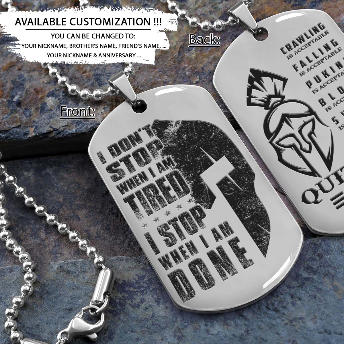 spartan dog tag - i stop when i am done - quitting is not - spartan warrior - sparta - leonidas - gladiator - spartan necklace - engrave dog tag