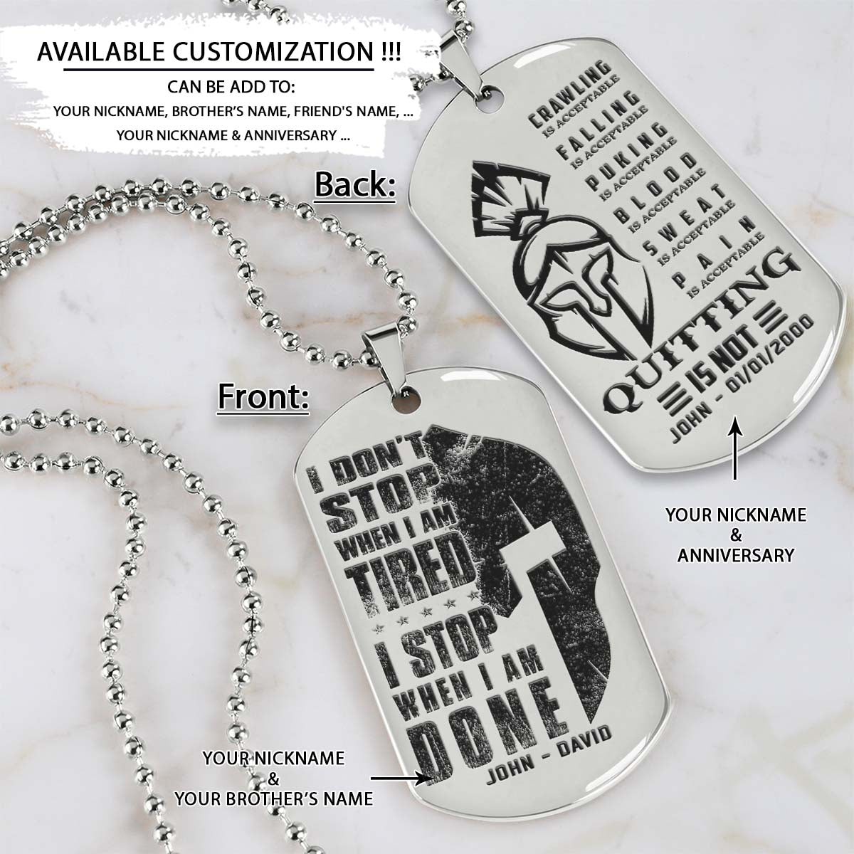 spartan dog tag - i stop when i am done - quitting is not - spartan warrior - sparta - leonidas - gladiator - spartan necklace - engrave dog tag
