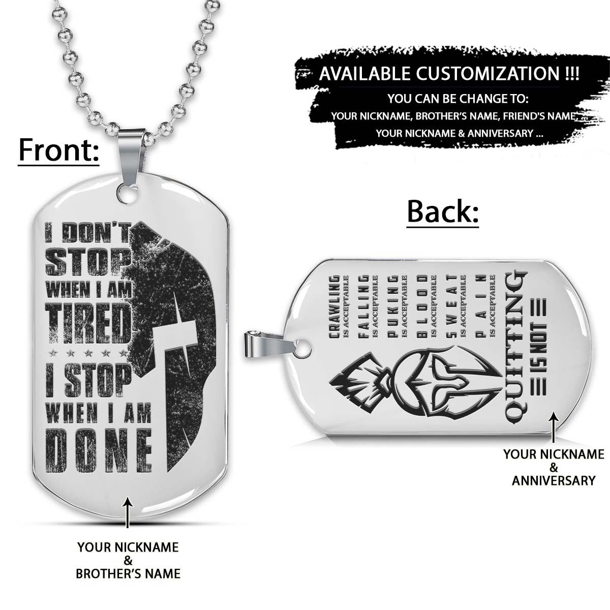spartan dog tag - i stop when i am done - quitting is not - spartan warrior - sparta - leonidas - gladiator - spartan necklace - engrave dog tag