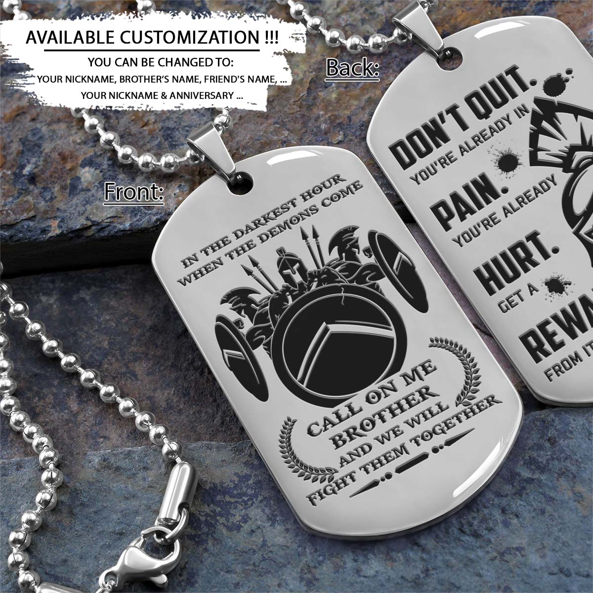 Spartan Dog Tag - Call On Me Brother - Don't Quit  - Spartan Warrior - Sparta - Leonidas - Gladiator - Spartan Necklace - Engrave Dog Tag