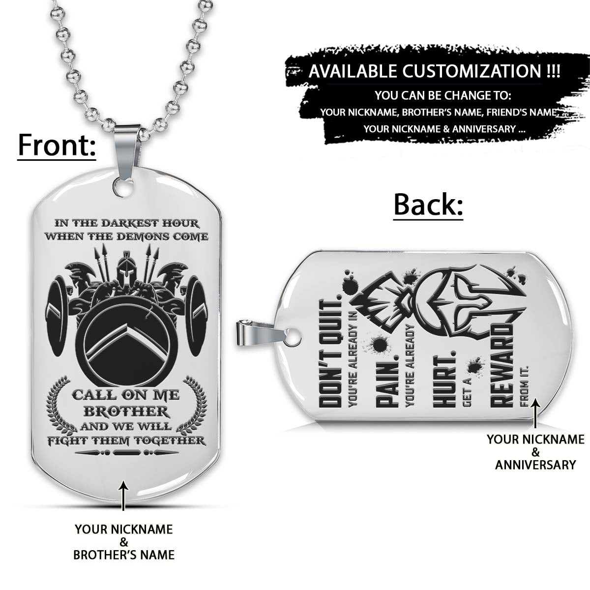 Spartan Dog Tag - Call On Me Brother - Don't Quit  - Spartan Warrior - Sparta - Leonidas - Gladiator - Spartan Necklace - Engrave Dog Tag