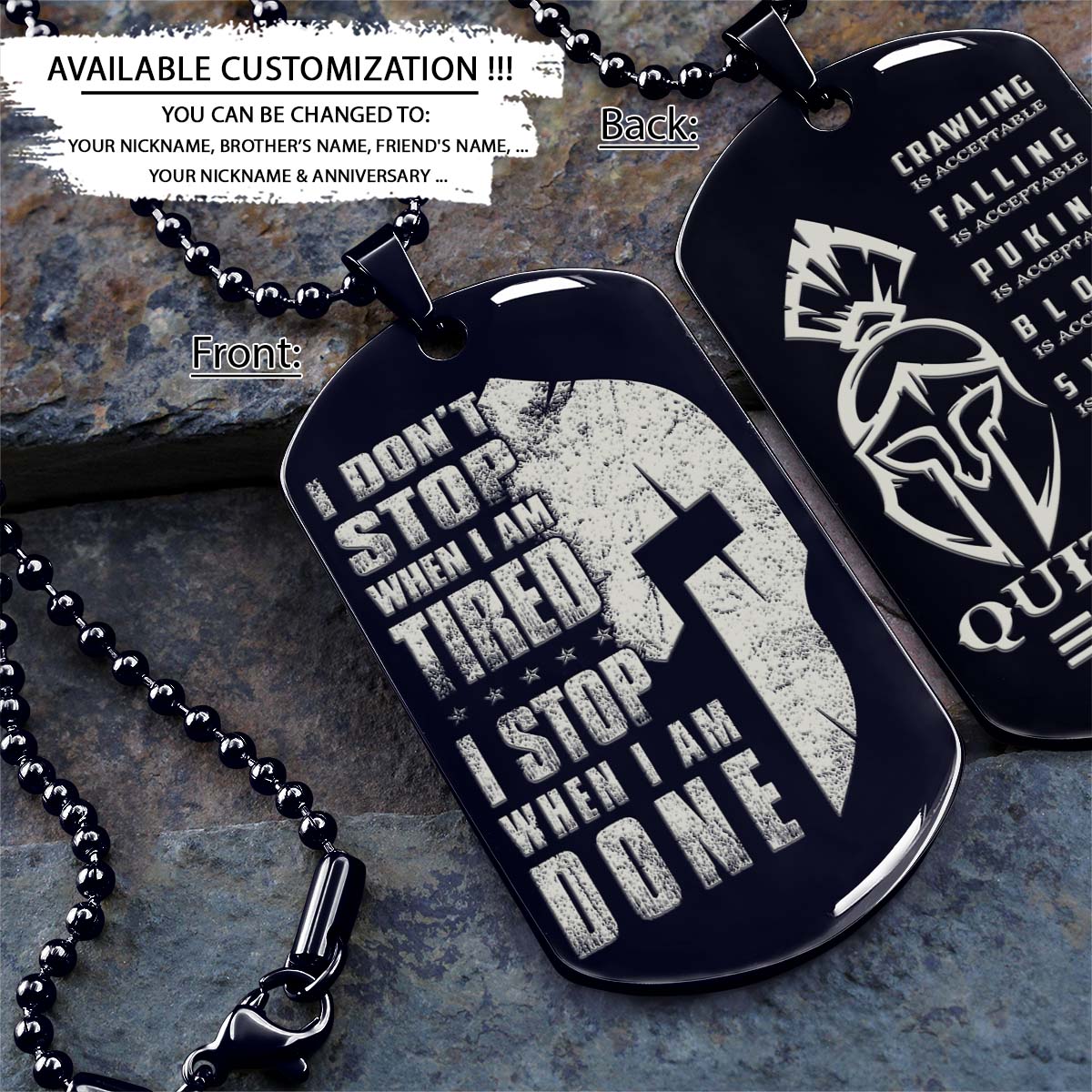 spartan dog tag - i stop when i am done - quitting is not - spartan warrior - sparta - leonidas - gladiator - spartan necklace - engrave dog tag