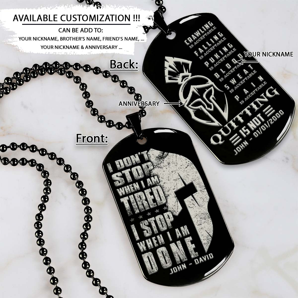 spartan dog tag - i stop when i am done - quitting is not - spartan warrior - sparta - leonidas - gladiator - spartan necklace - engrave dog tag