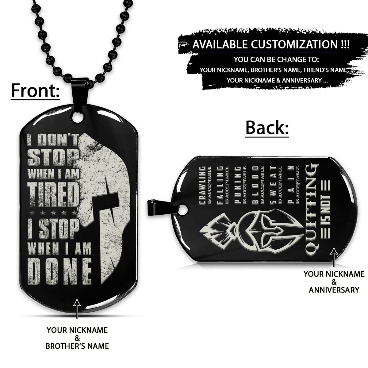 spartan dog tag - i stop when i am done - quitting is not - spartan warrior - sparta - leonidas - gladiator - spartan necklace - engrave dog tag