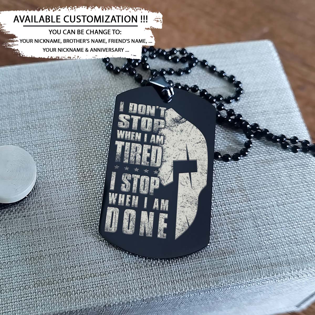 spartan dog tag - i stop when i am done - quitting is not - spartan warrior - sparta - leonidas - gladiator - spartan necklace - engrave dog tag