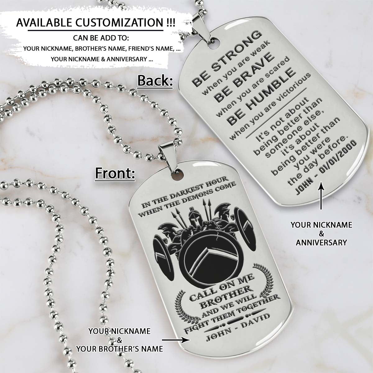 spartan dog tag - call on me brother - it's about being better than you were the day before - spartan warrior - sparta - leonidas - gladiator - spartan necklace - engrave dog tag