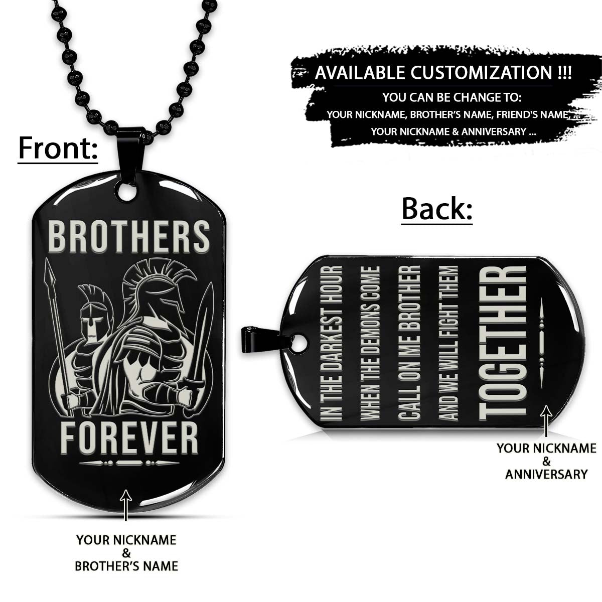 Spartan Dog Tag - Brothers Forever - Call On Me Brother - Spartan Warrior - Sparta - Leonidas - Gladiator - Spartan Necklace - Engrave Dog Tag