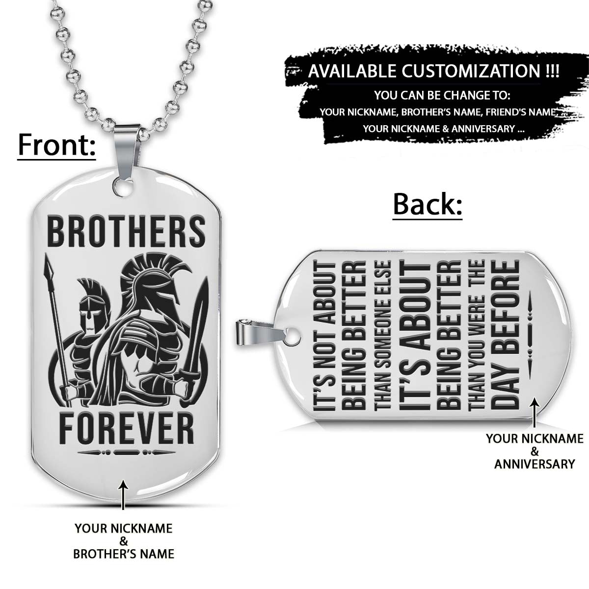 Spartan Dog Tag - Brothers Forever - It's About Being Better Than You Were The Day Before - Spartan Warrior - Sparta - Leonidas - Gladiator - Spartan Necklace - Engrave Dog Tag