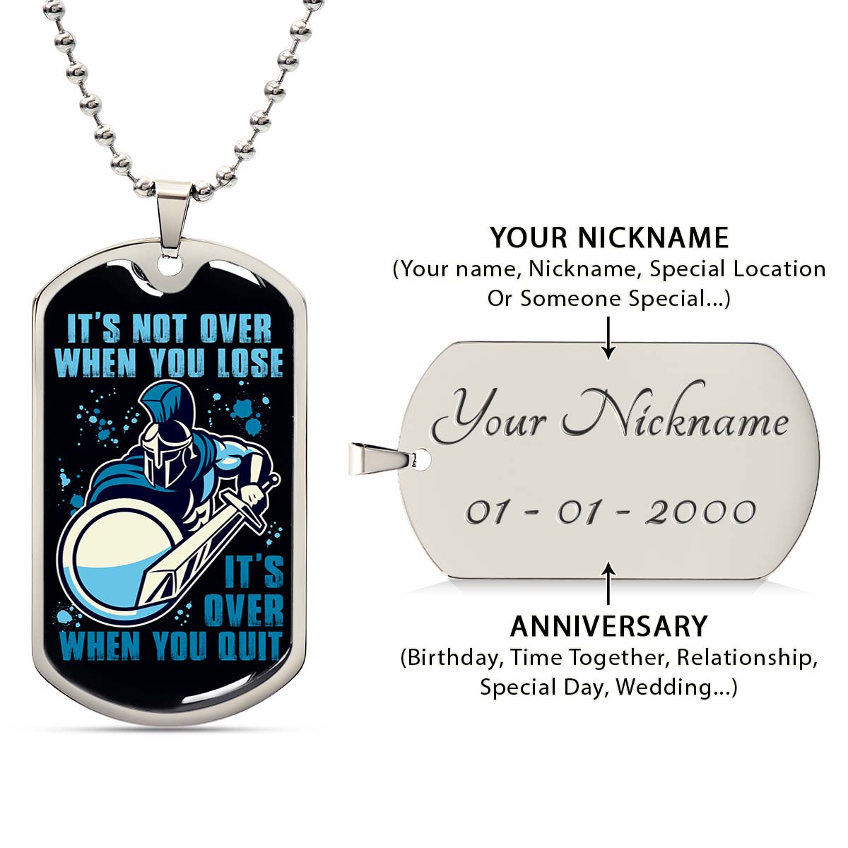 Warrior - WADL006 - It's not Over When You Lose - It's Over When You Quit - Sparta - Spartan - Warrior Dog Tag - Military Ball Chain - Luxury Dog Tag