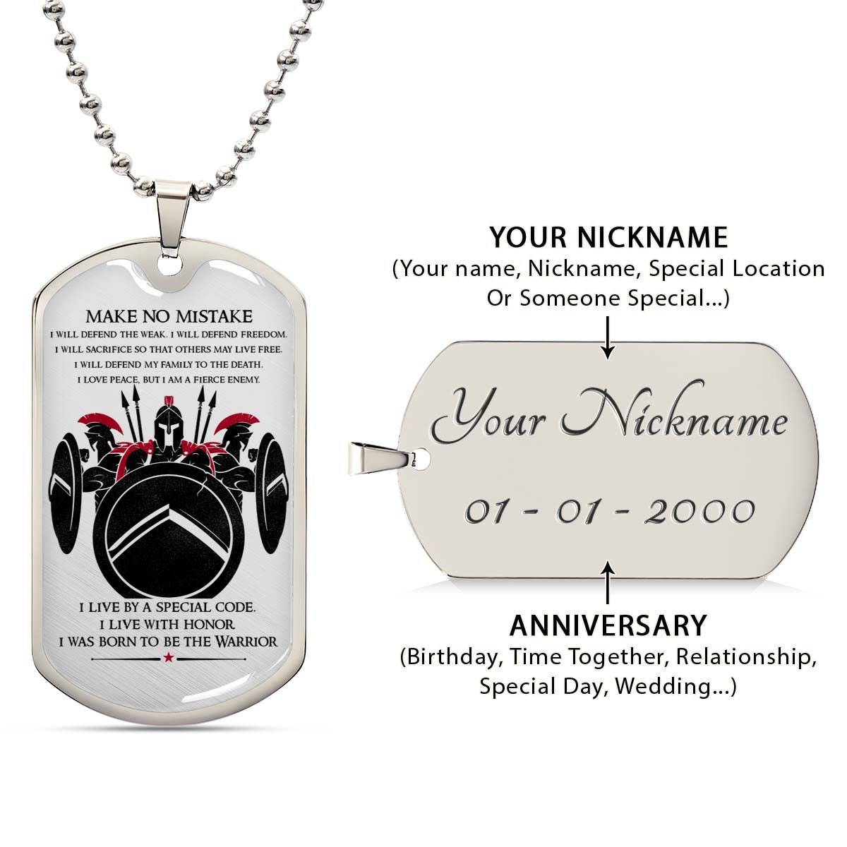 Warrior - WADL007 - Make No Mistake - Sparta - Spartan - Warrior Dog Tag - Military Ball Chain - Luxury Dog Tag