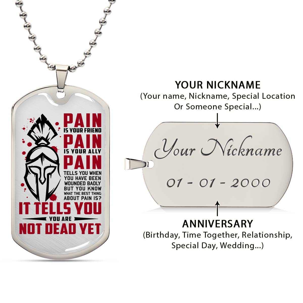 Warrior - WADL009 - PAIN - You Are Not Dead Yet - Sparta - Spartan - Warrior Dog Tag - Military Ball Chain - Luxury Dog Tag